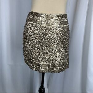 Chelsea & Violet Anthropologie Mini Skirt Gold Sequin Greek Key Party 31” Waist